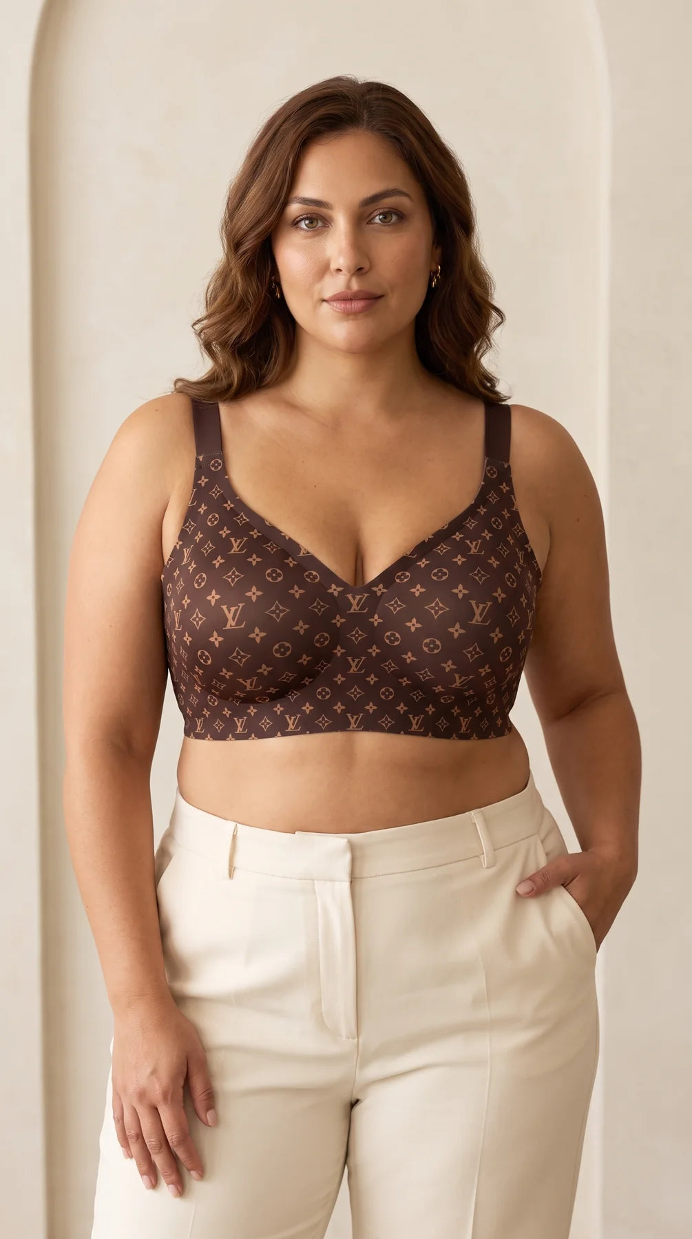 Everyday Wireless Bra in Espresso on a model